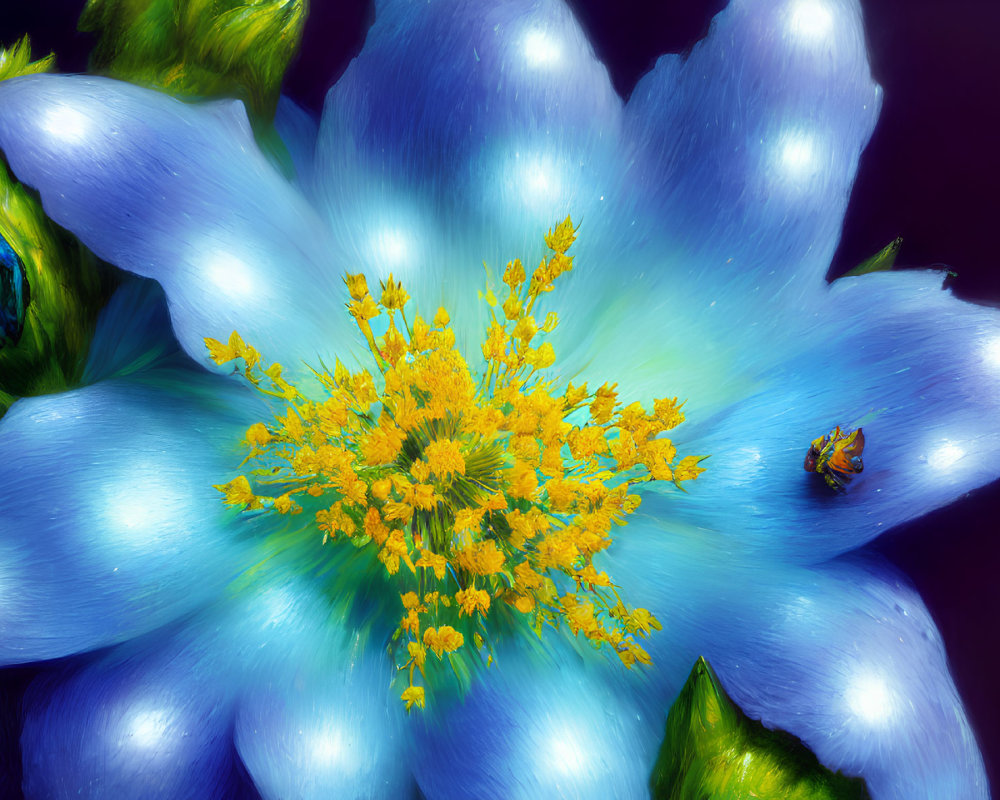 Close-up of Vibrant Blue Flower with Yellow Center and Water Droplets