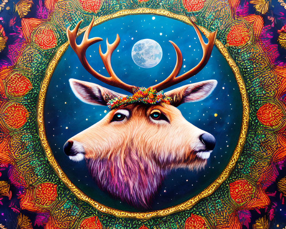 Colorful deer with ornate antlers in moonlit night scene.