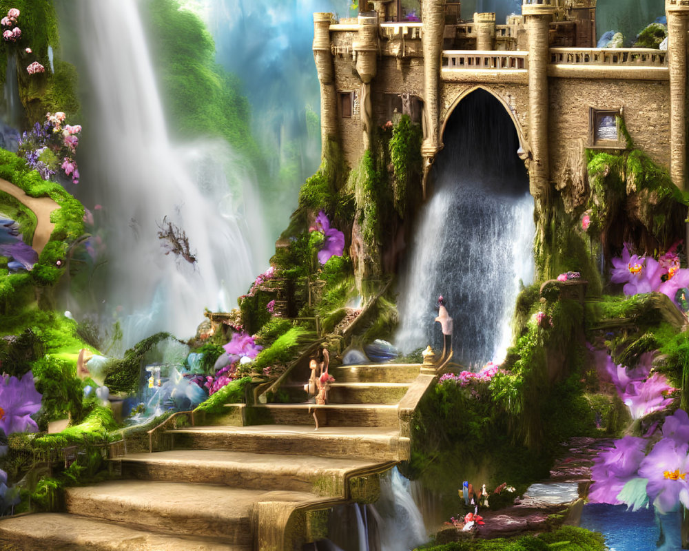 Fantastical landscape with ornate castle, waterfalls, greenery, flowers & winged creatures