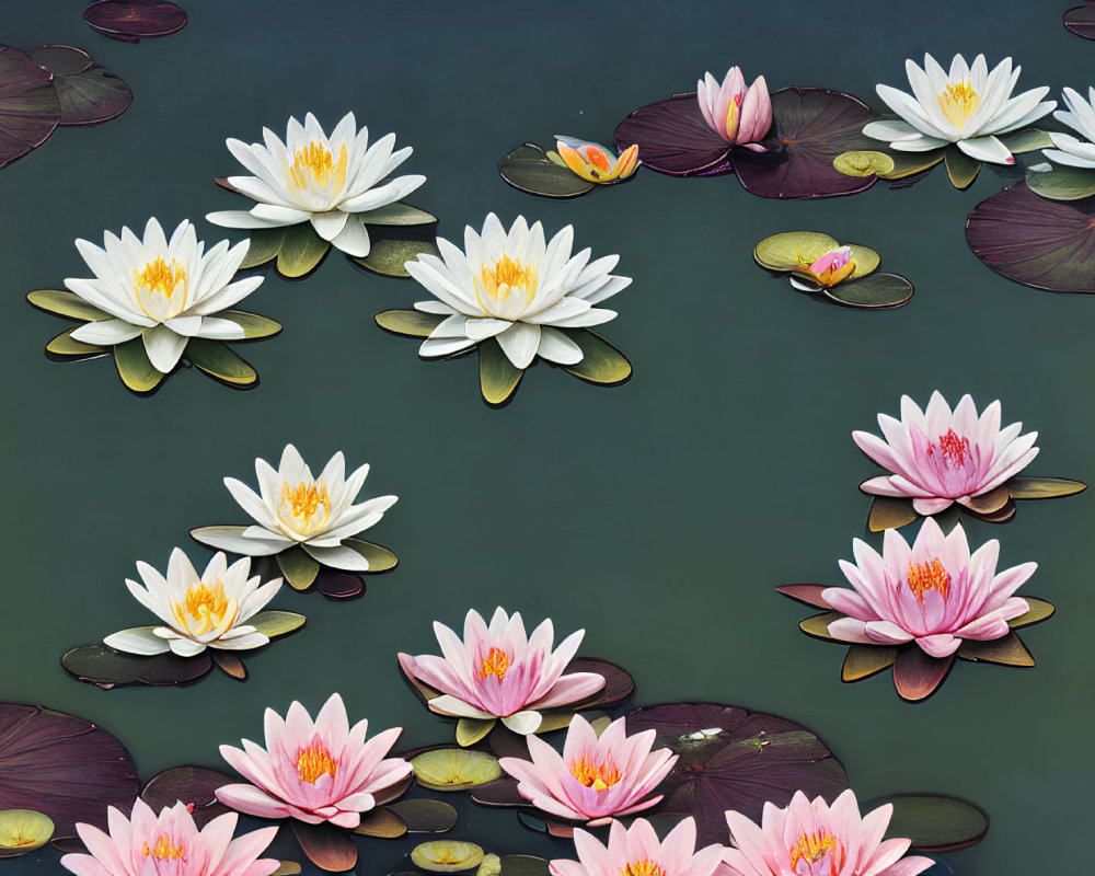 White and Pink Water Lilies on Dark Blue Water Surface