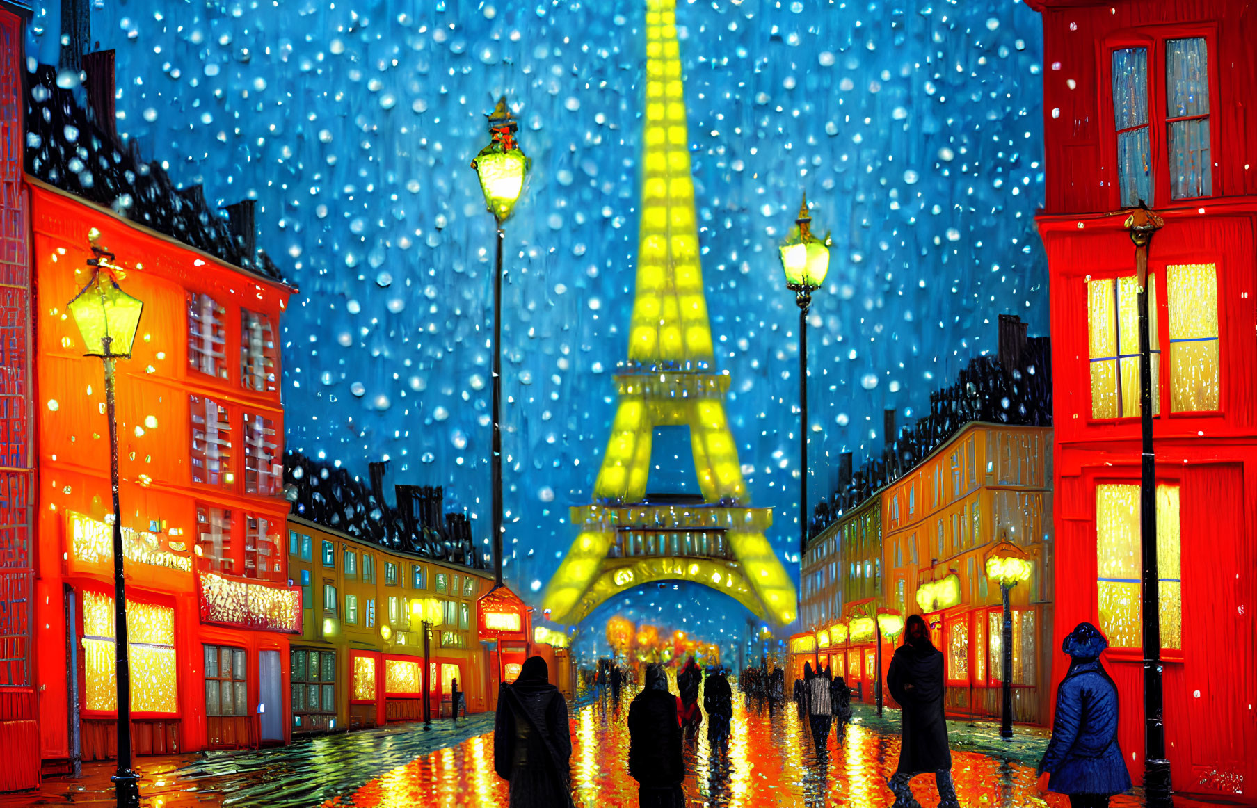 Illustration of snowy Paris evening with Eiffel Tower and pedestrians