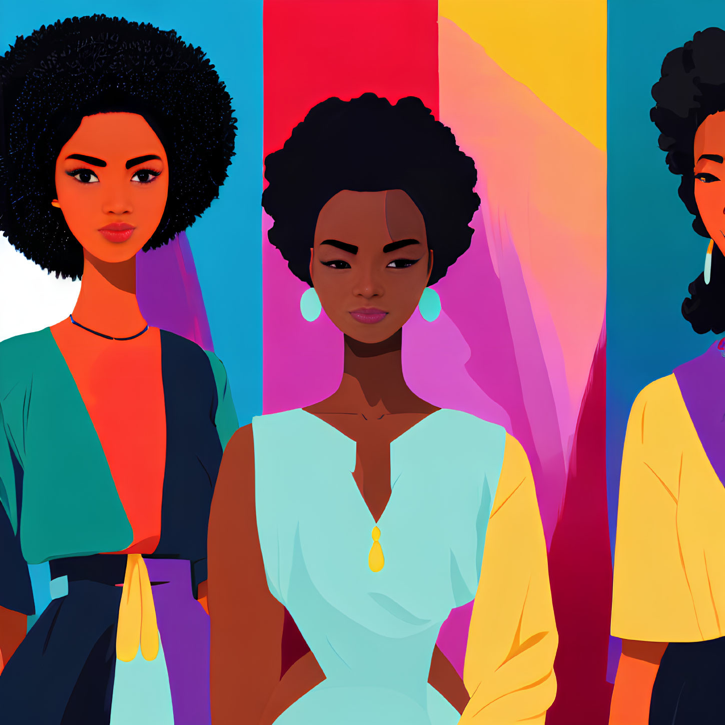 Stylized female figures in modern attire against geometric backdrop