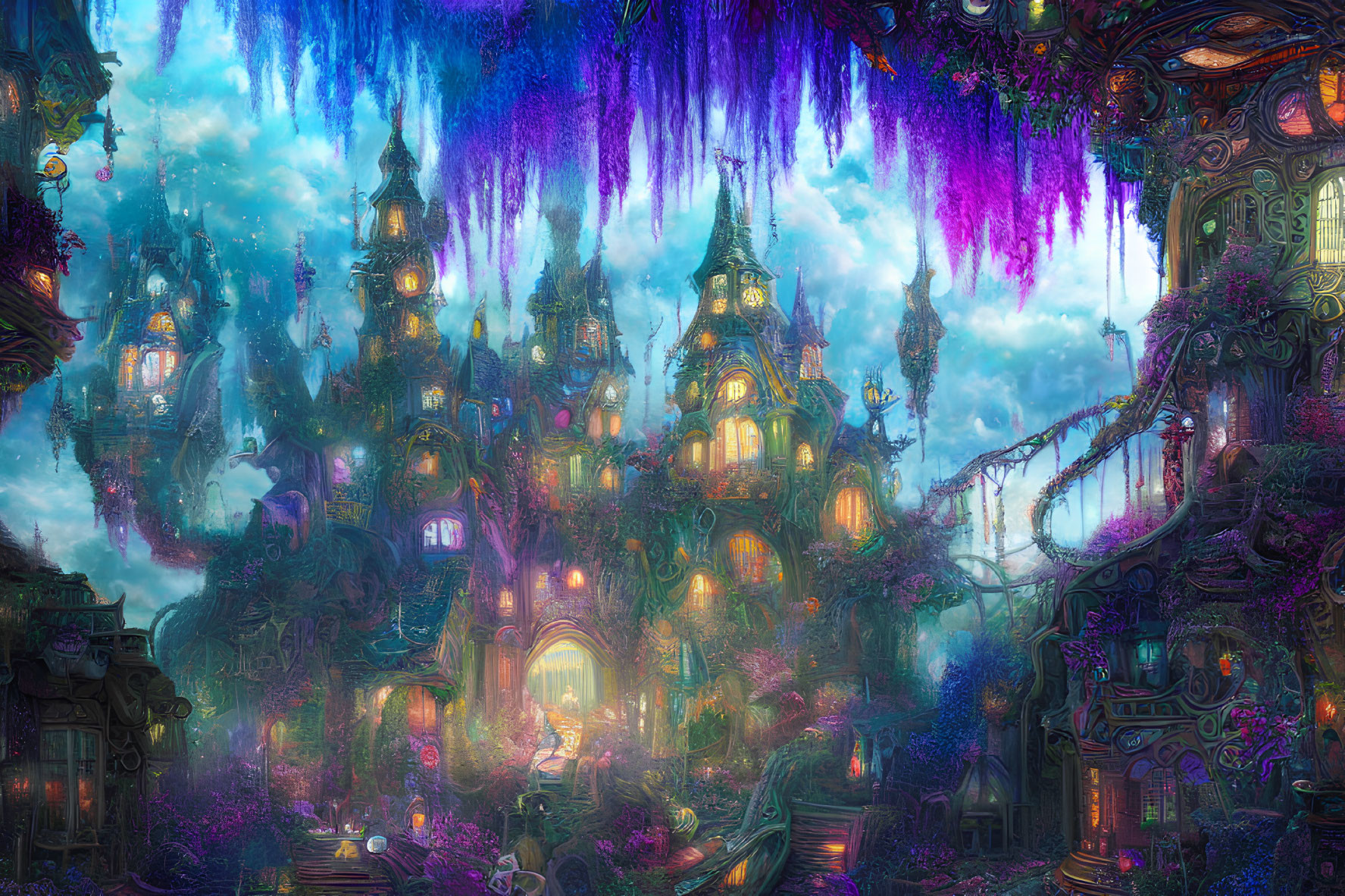 Fantasy Landscape with Whimsical Houses and Purple Flora