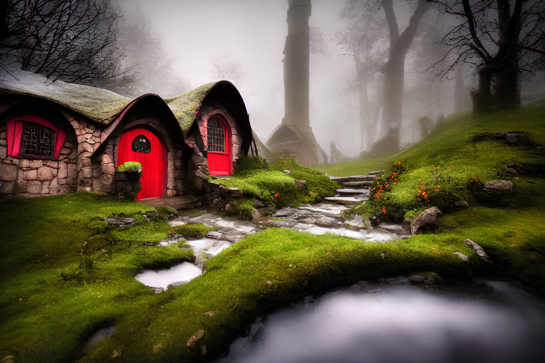 Mystical foggy village with moss-covered cottages and red doors in supernatural setting