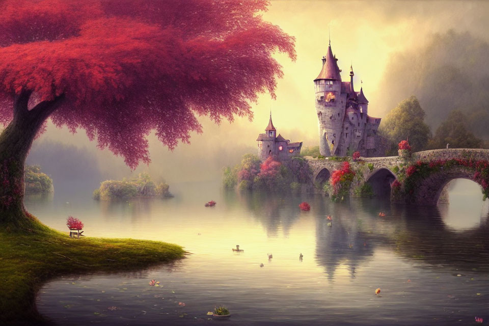 Tranquil castle landscape with lake, stone bridge, red tree, ducks, mist.