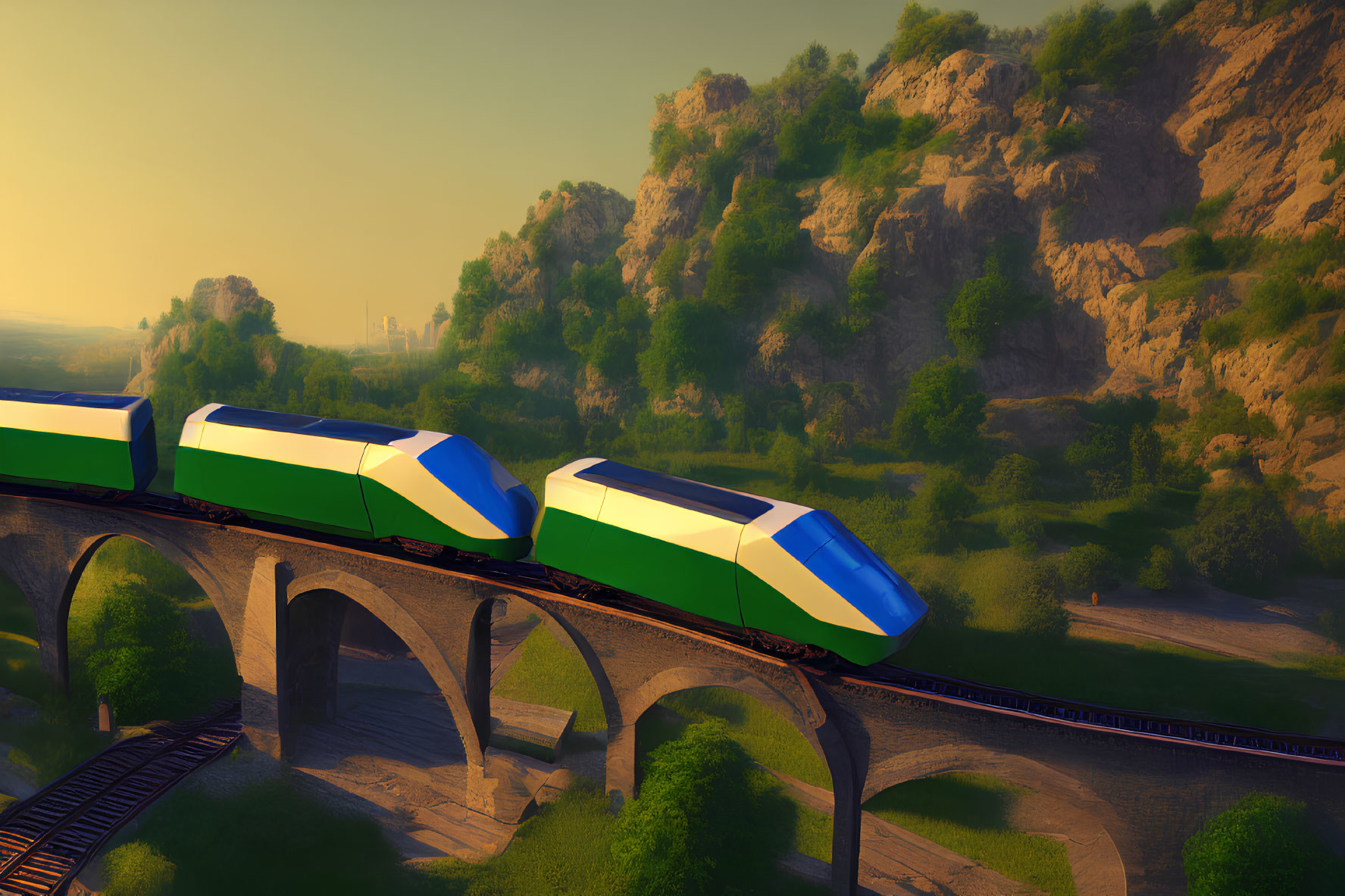 Modern trains crossing stone bridge in scenic landscape at sunset