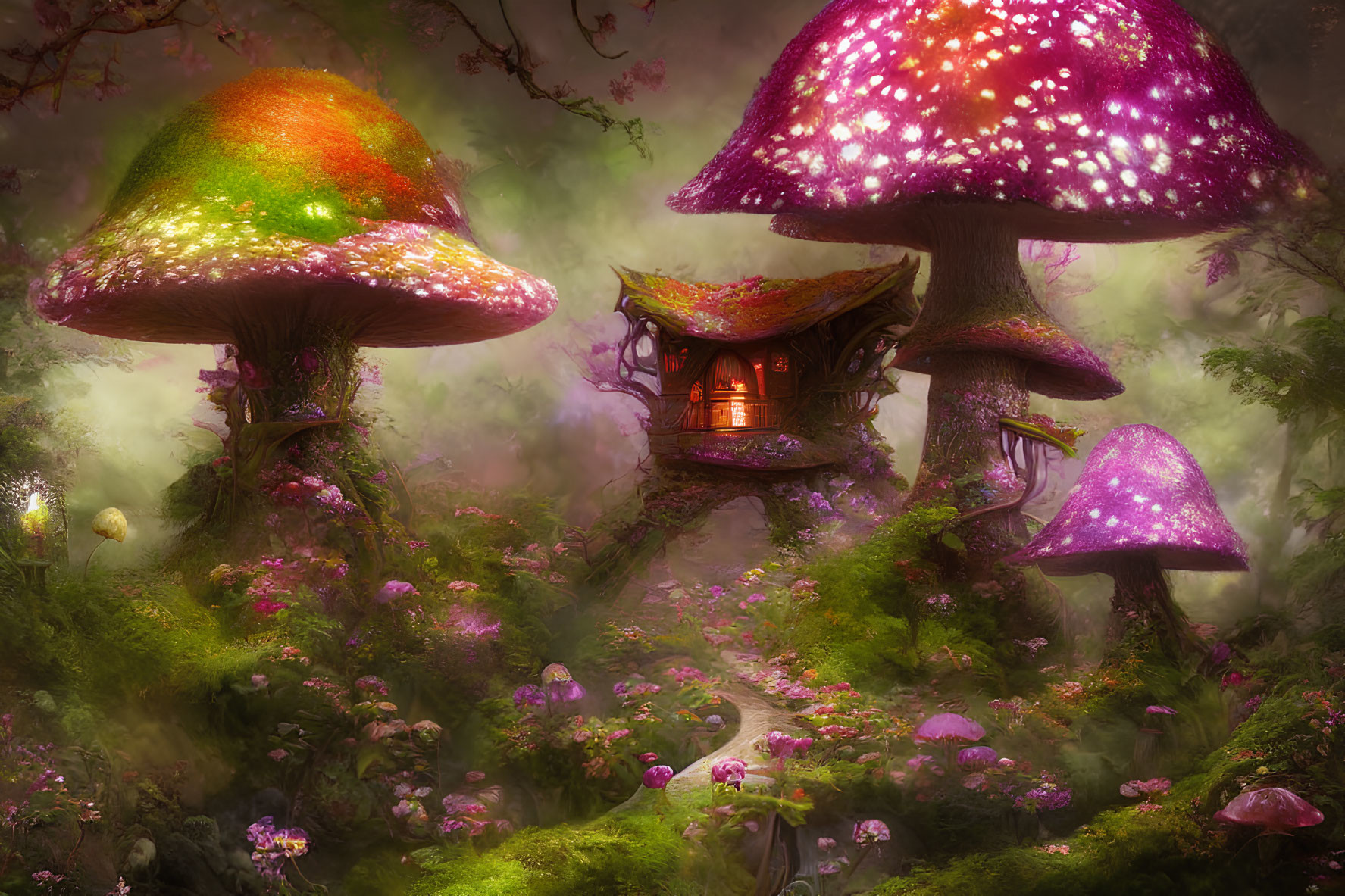 Fantasy Enchanted Forest with Glowing Mushrooms and Tree Houses