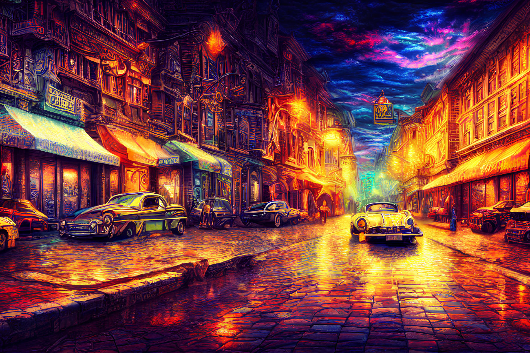 Colorful vintage cars and storefronts on luminous cobblestone street