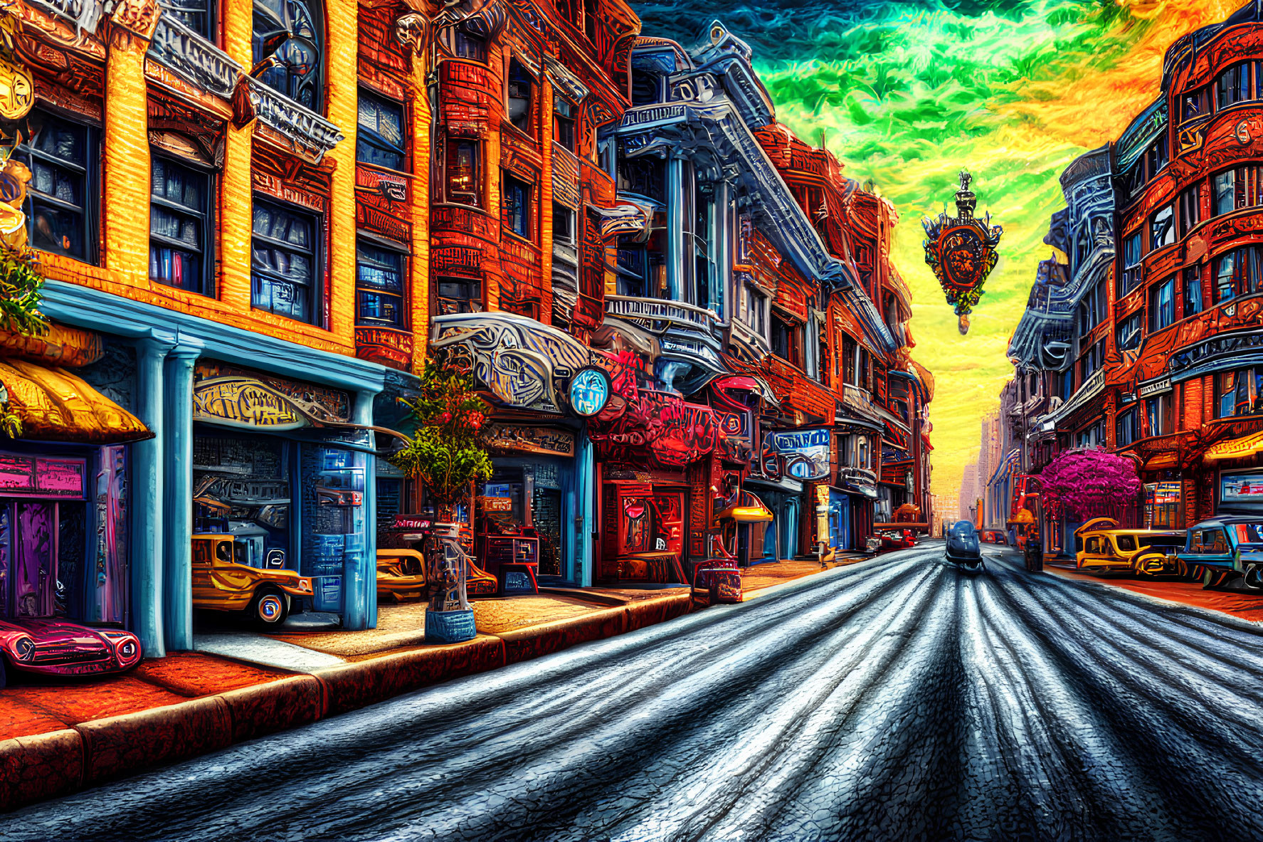 Colorful city street scene with retro cars and dramatic lighting.