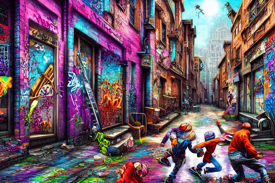 Colorful Graffiti-Filled Urban Alley with Kids Playing and Futuristic Cityscape