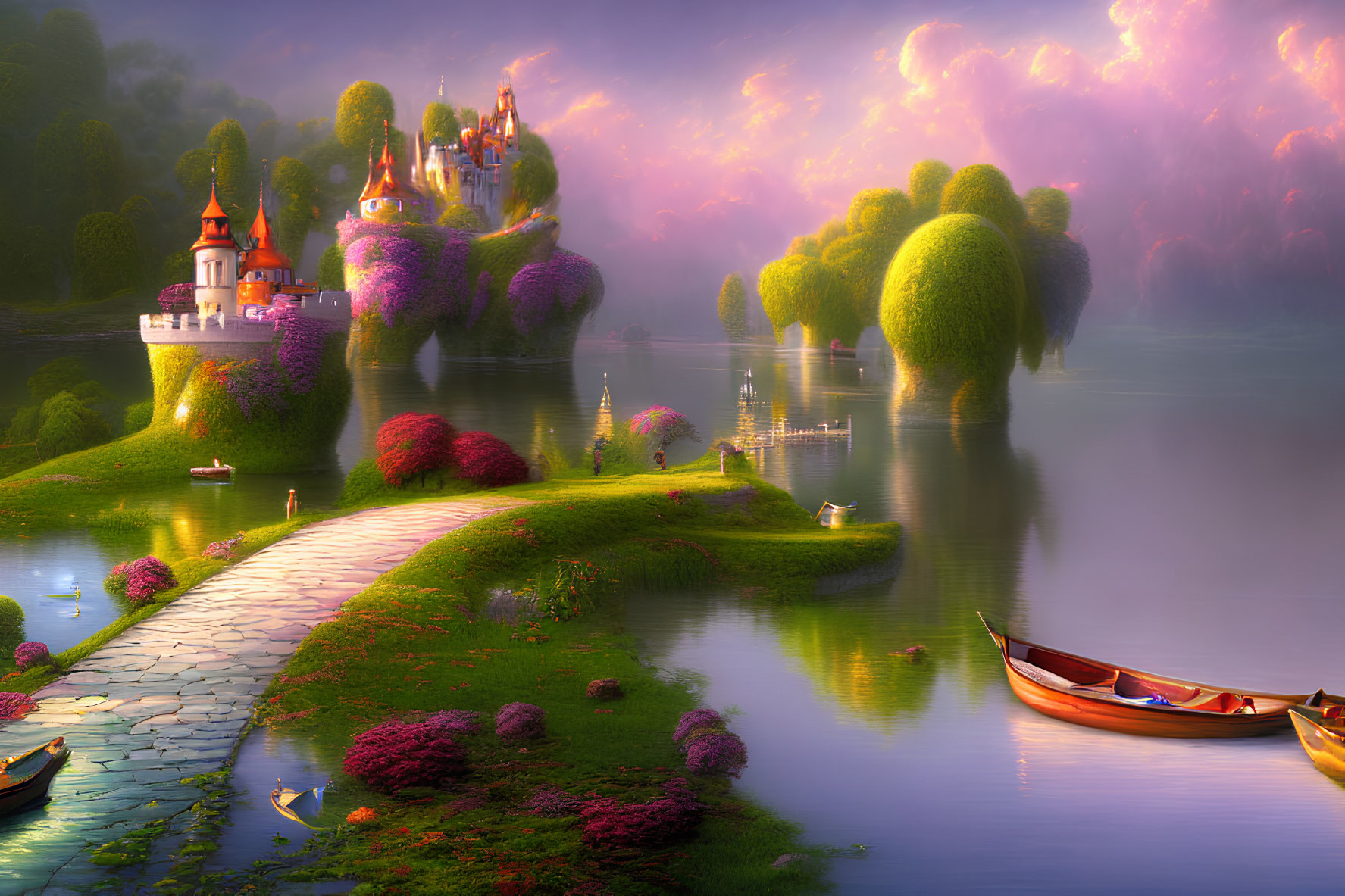 Landscape with cobblestone path, castle, greenery, flowers, water, boats, and