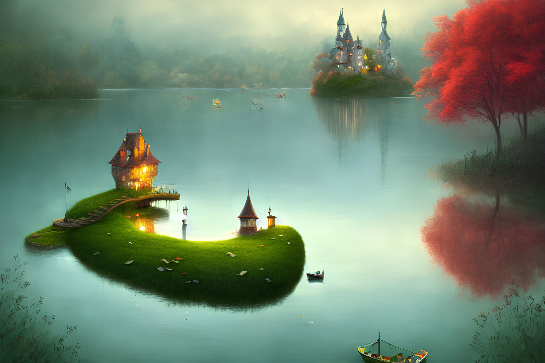 Tranquil lakeside landscape with red tree, cottage, swans, rowboat, and mist