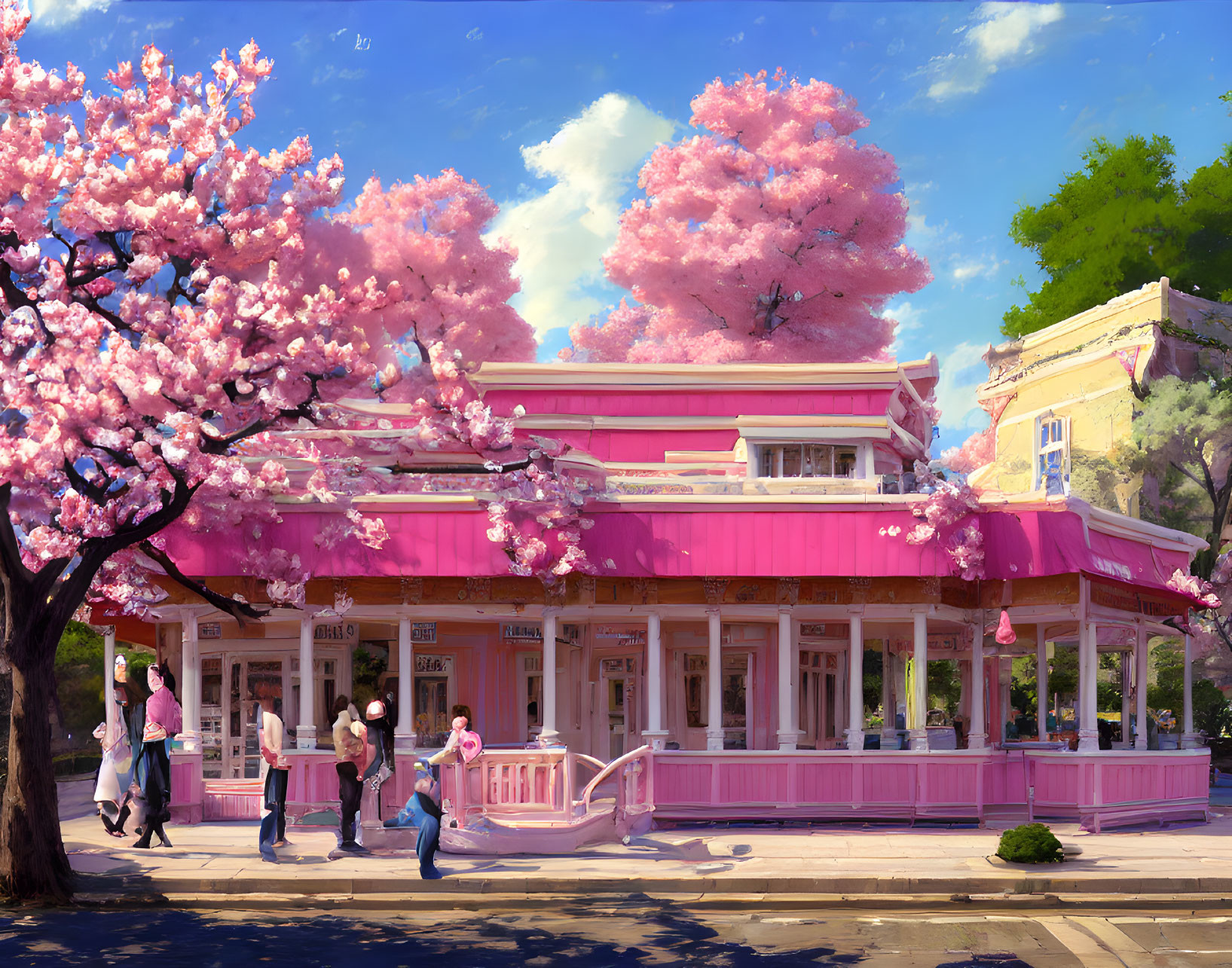 Pink-themed diner illustration under blossoming cherry trees with people on a sunny day