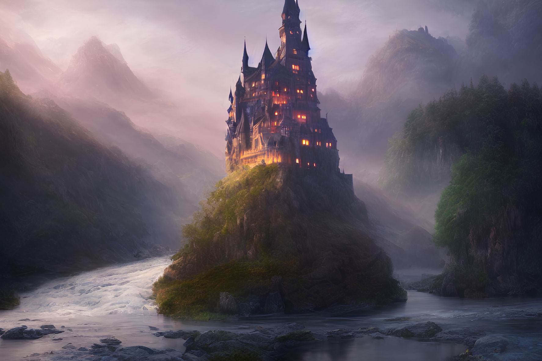 Mystical castle on rugged cliff in dawn light