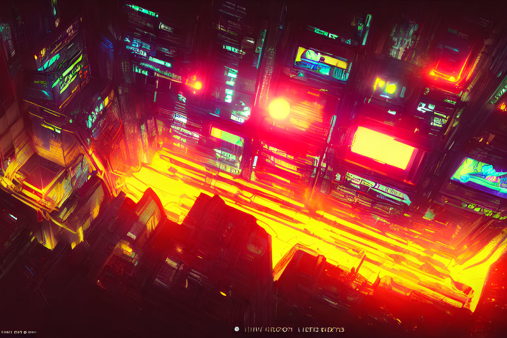 Neon-lit cyberpunk cityscape with towering skyscrapers