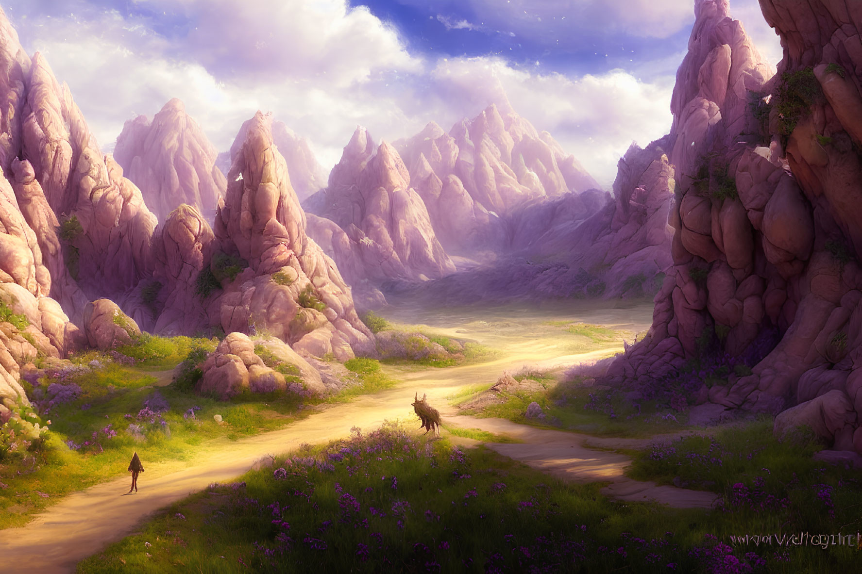 Vibrant fantasy landscape with rocky mountains, winding path, solitary figure, and glowing sky