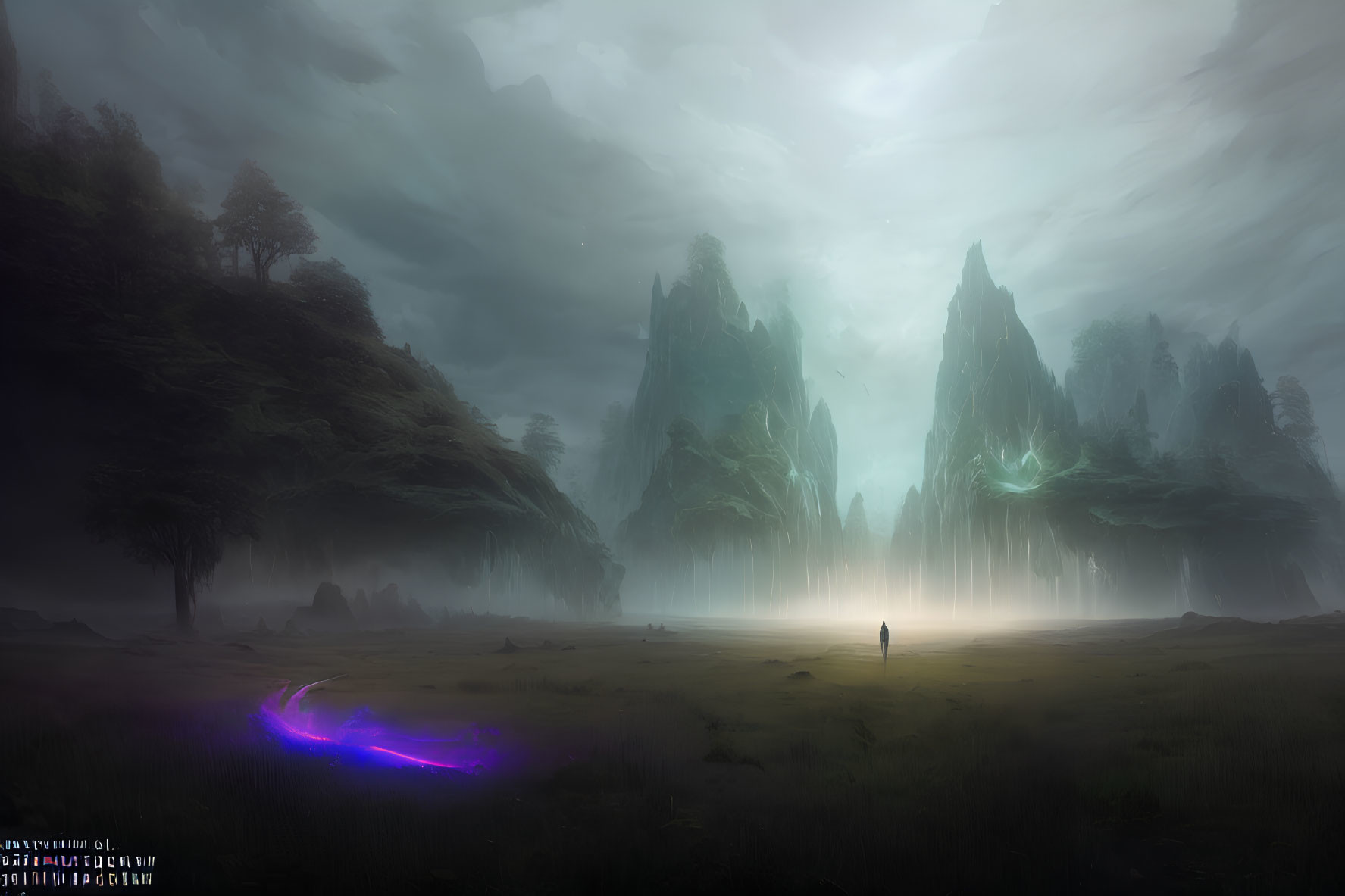 Misty landscape with solitary figure and mystical elements