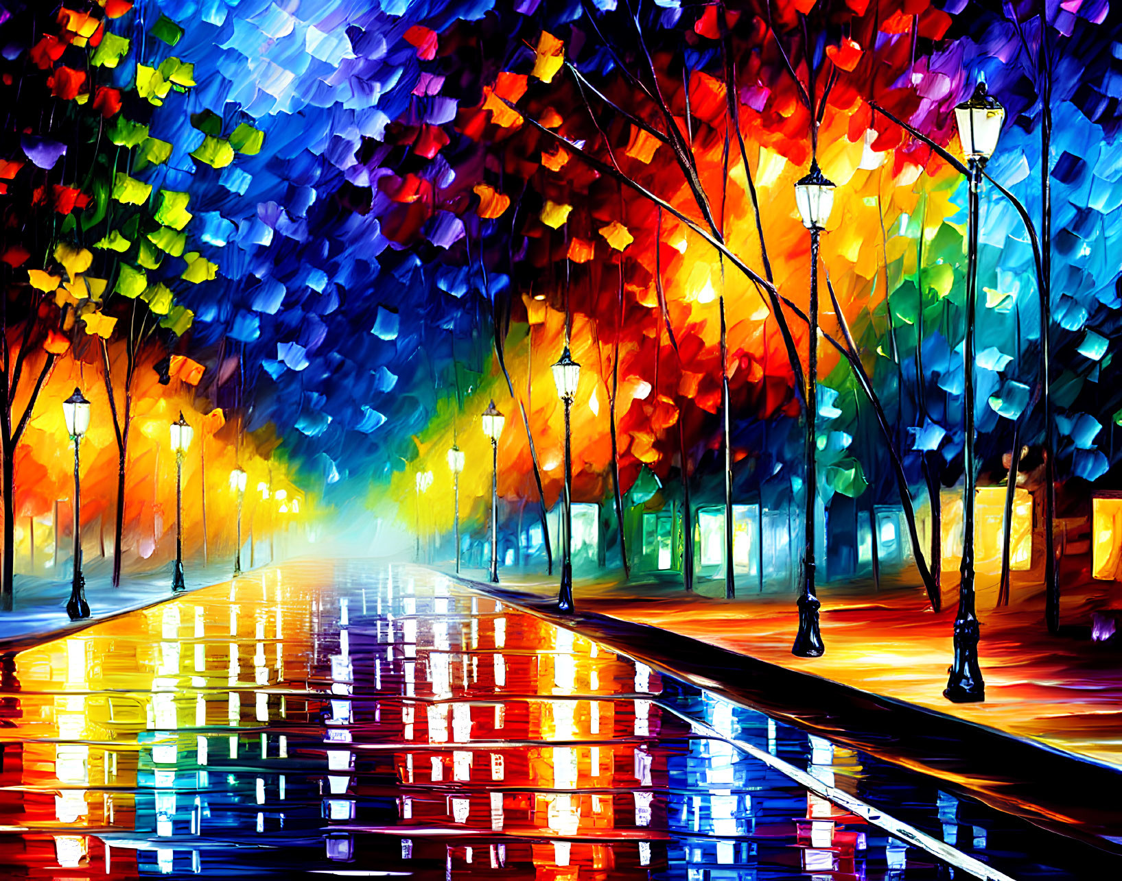 Colorful impressionistic painting of a tree-lined street at night