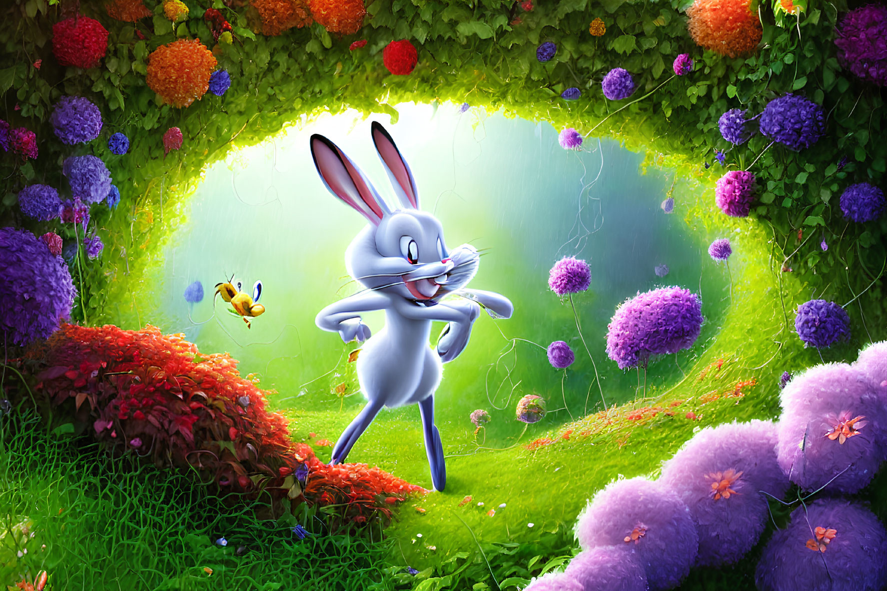 Colorful cartoon of grey rabbit and yellow bird in lush garden