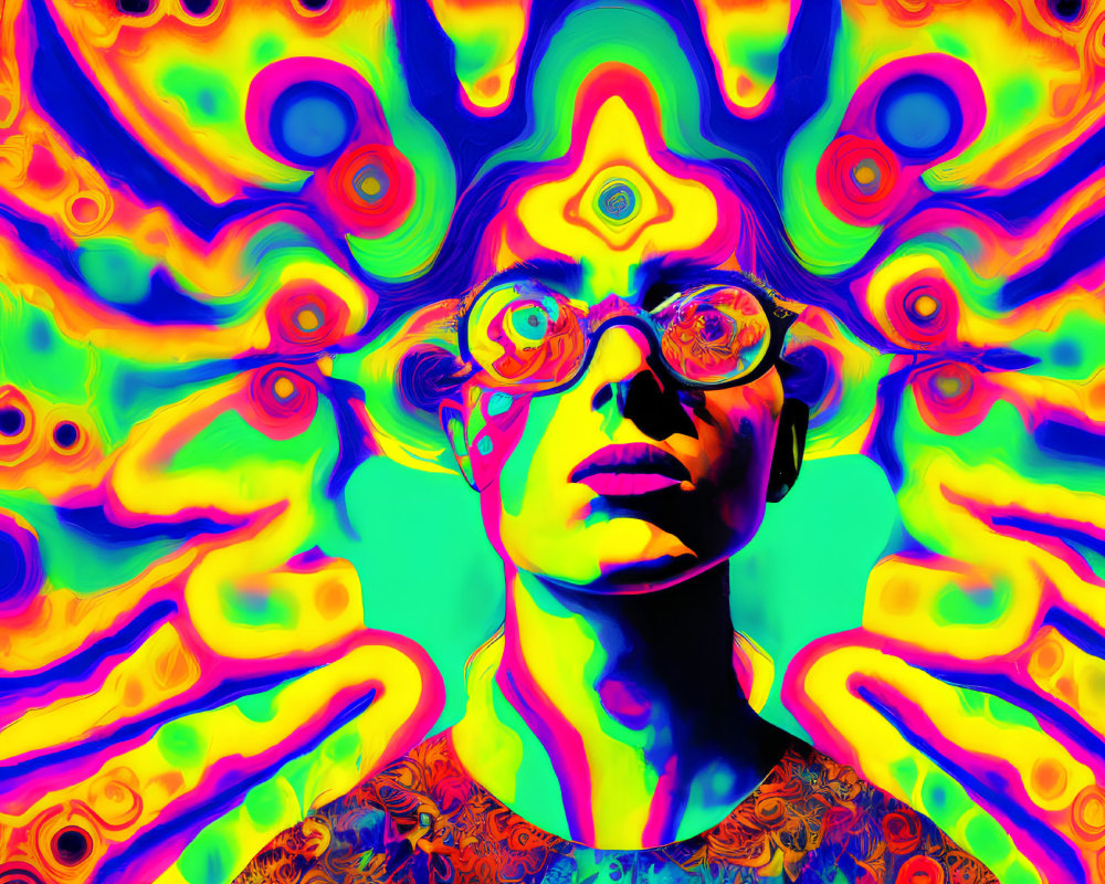 Person with Round Glasses on Vibrant Psychedelic Background