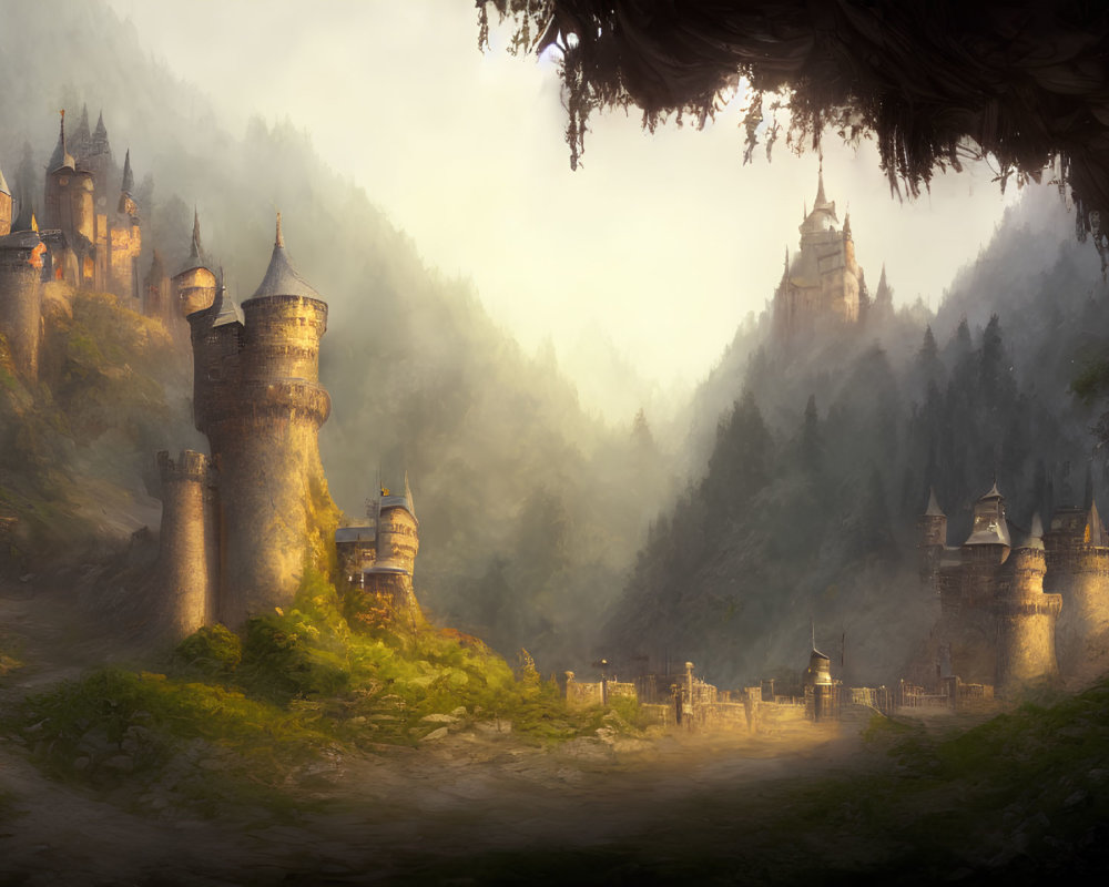 Mystical fantasy landscape with castle, hills, and misty sunlight.