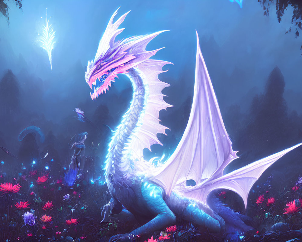 Majestic blue dragon and glowing humanoid in mystical forest.