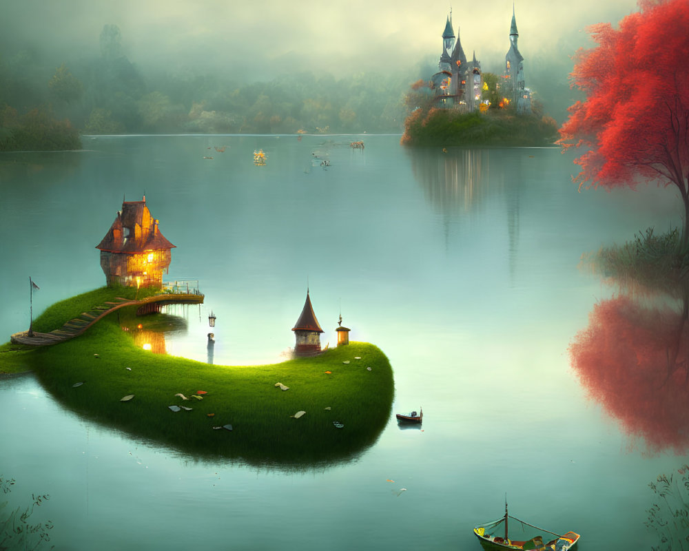 Tranquil lakeside landscape with red tree, cottage, swans, rowboat, and mist