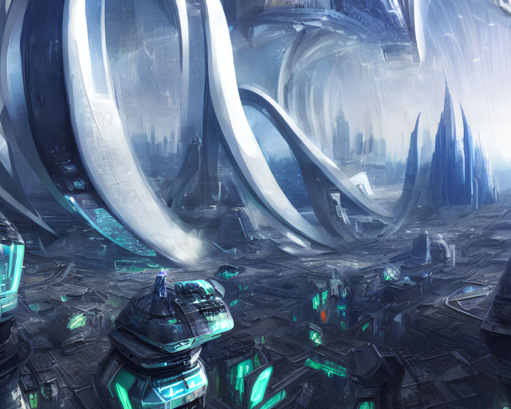 Futuristic cityscape with towering curved structures and advanced buildings illuminated by blue and green lights