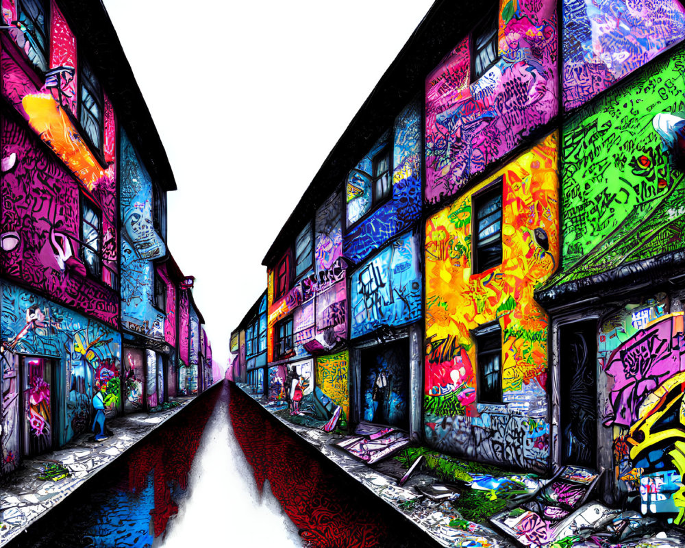 Colorful graffiti-covered alley with vibrant murals and water reflections