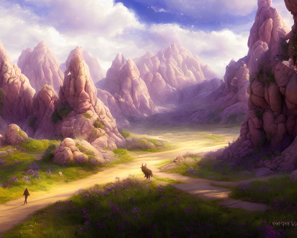 Vibrant fantasy landscape with rocky mountains, winding path, solitary figure, and glowing sky