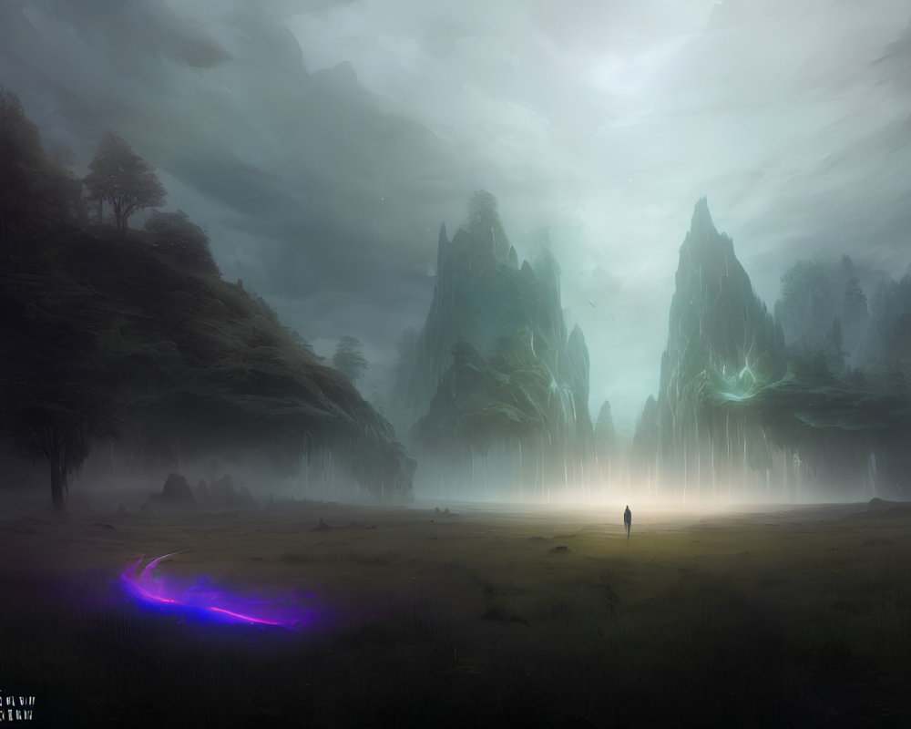 Misty landscape with solitary figure and mystical elements