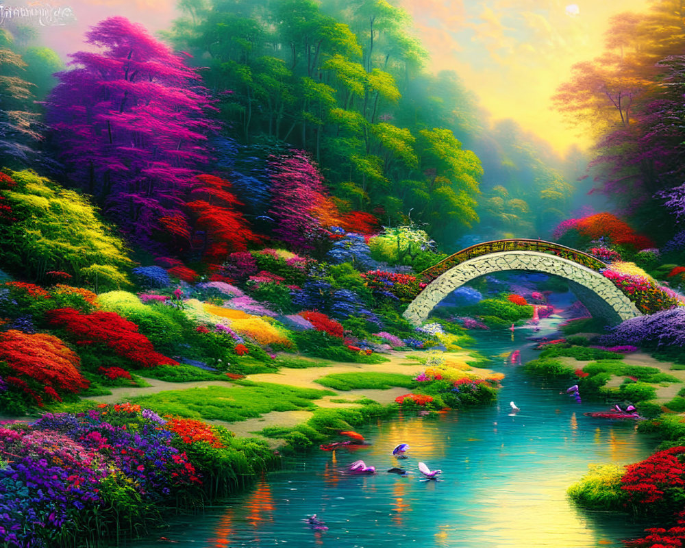 Colorful Garden with Arched Bridge, River, Birds, and Forest at Sunset