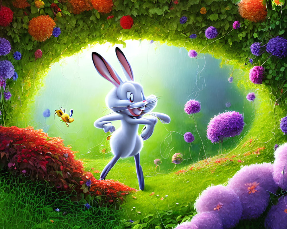 Colorful cartoon of grey rabbit and yellow bird in lush garden