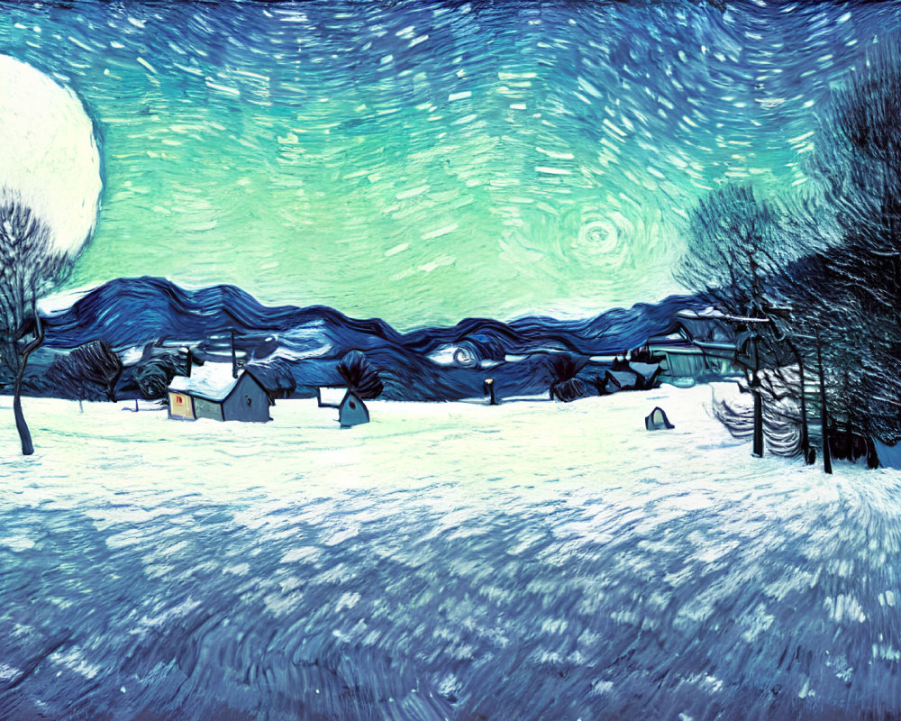 Moonlit snowy landscape with houses and trees and swirling night sky