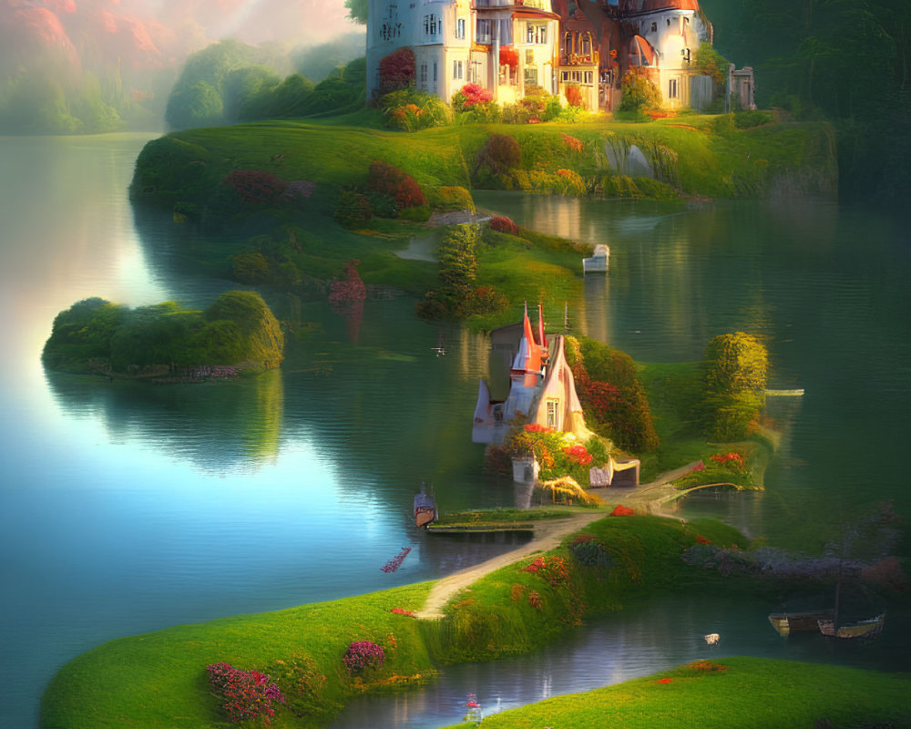 Majestic fairytale castle with spires on lush island at sunset