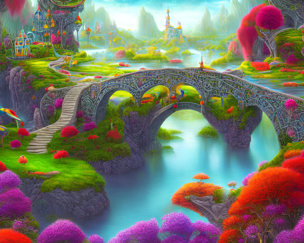 Vibrant fantasy landscape with colorful forest, ornate bridge, and whimsical castle