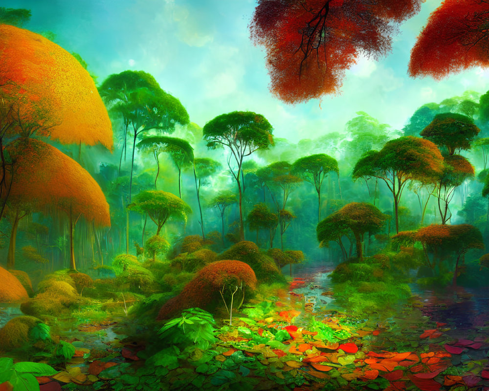 Mystical forest with lush greenery and red-leaved trees