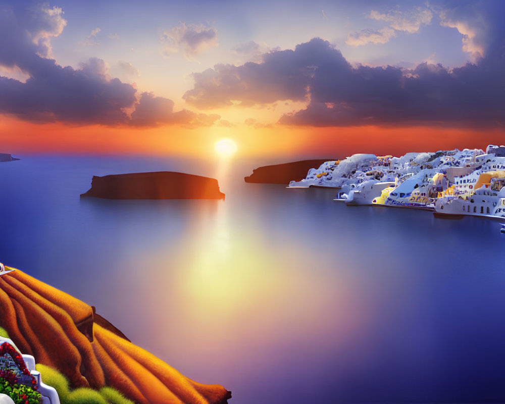 Scenic sunset over calm sea with volcanic island silhouette and Santorini's white buildings.