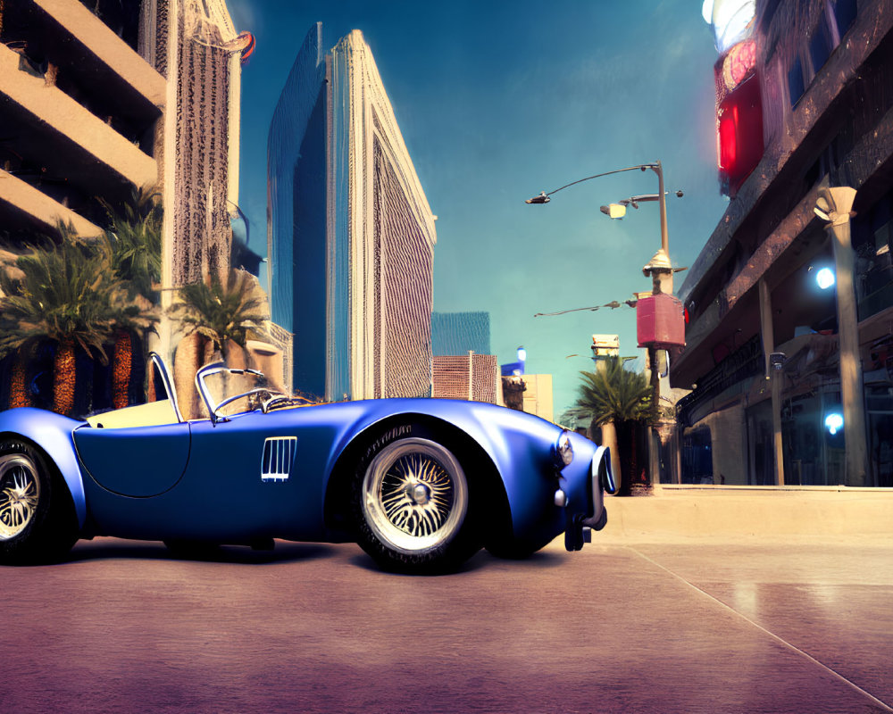 Blue Convertible Sports Car on Sunny Street with Skyscrapers and Palm Trees