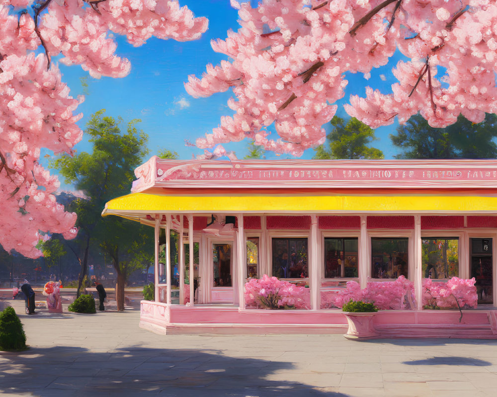 Pink diner with yellow awning and cherry blossom trees on a sunny day