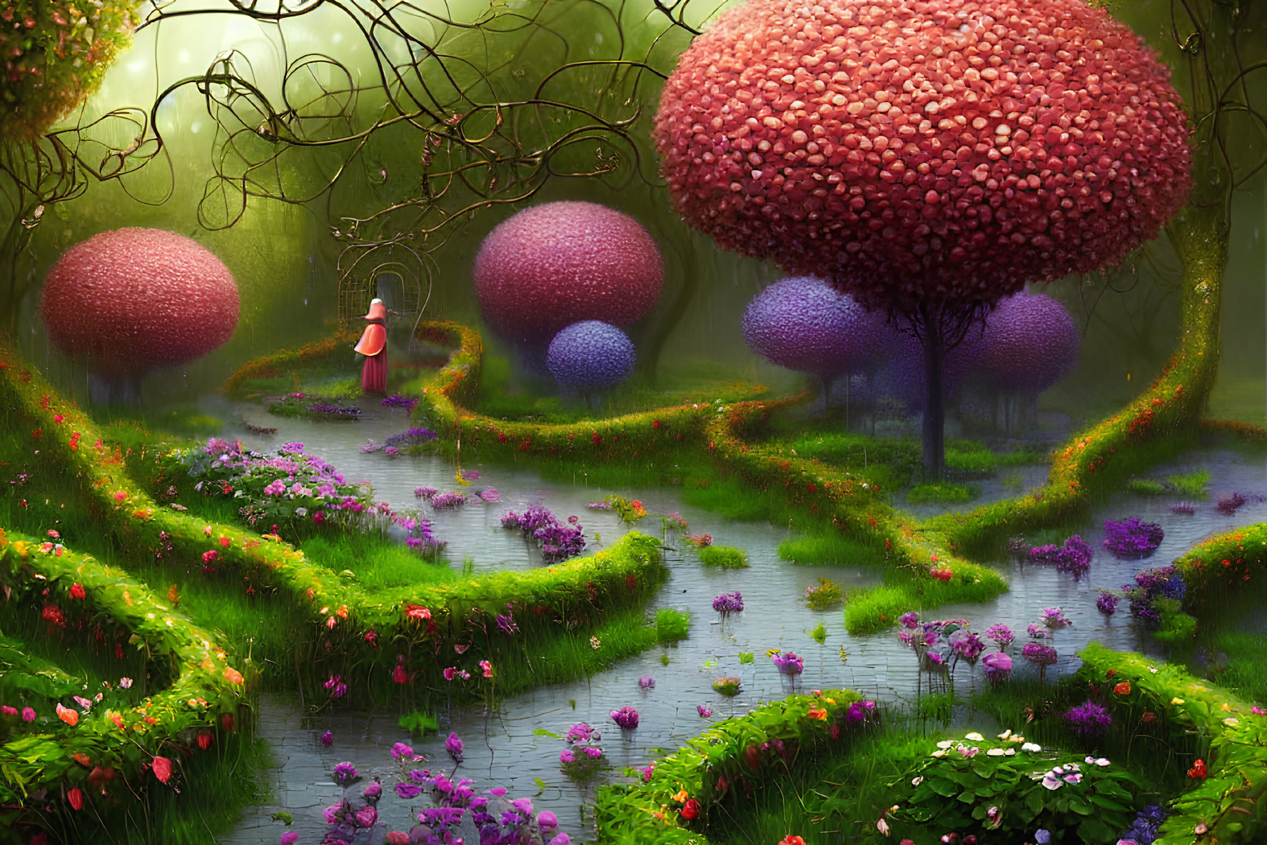 Enchanted forest with oversized mushrooms, winding paths, lush greenery & figure in pink cloak