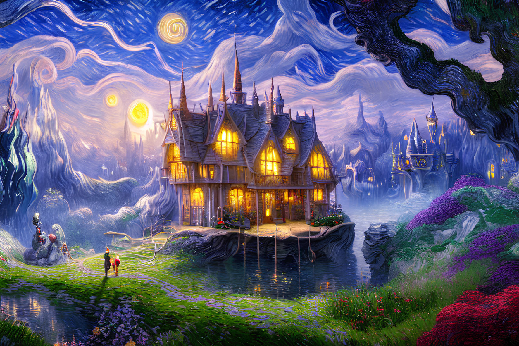 Whimsical fantasy landscape with vibrant gardens and starry sky