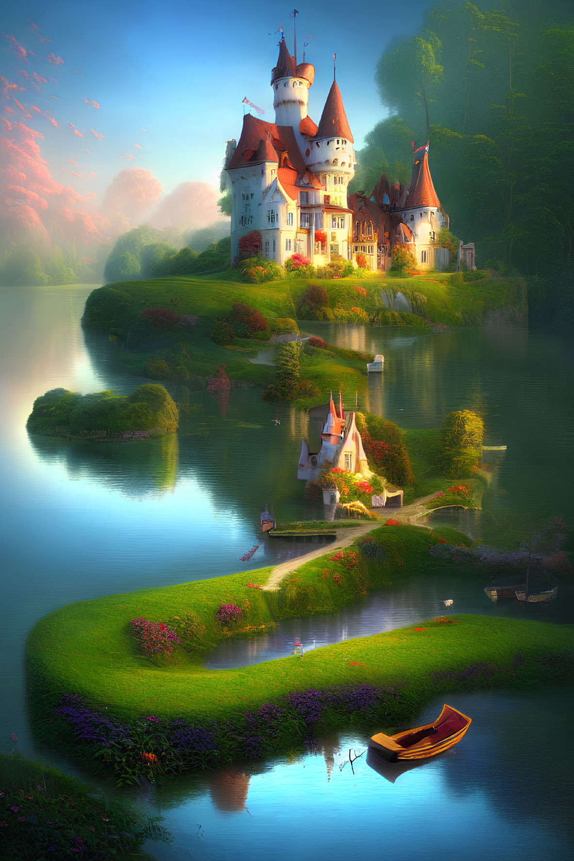 Majestic fairytale castle with spires on lush island at sunset