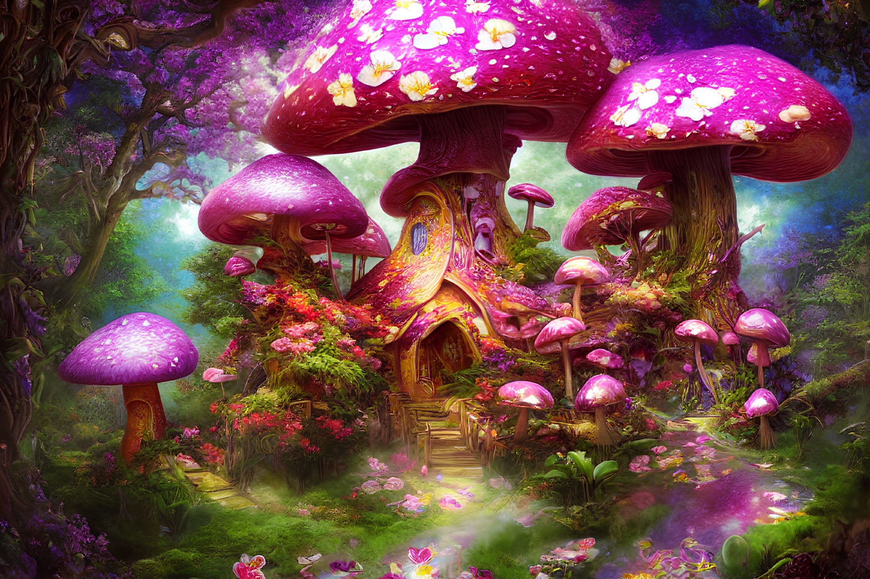 Whimsical fairy-tale mushroom house in enchanted forest