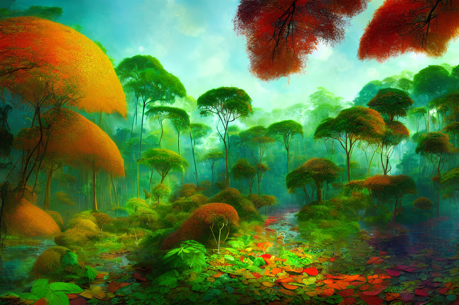 Mystical forest with lush greenery and red-leaved trees