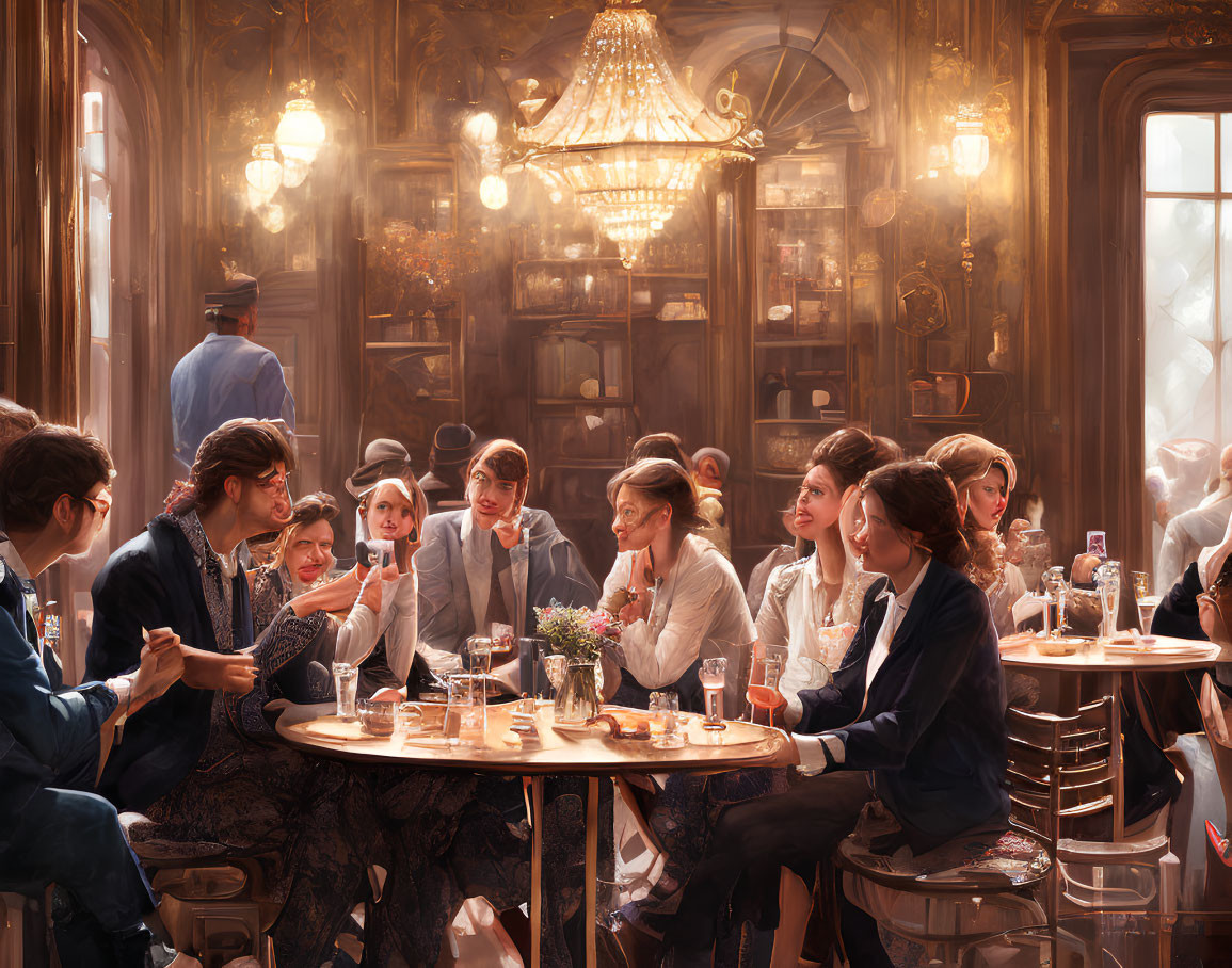 Bustling cafe scene with patrons in warm, golden light