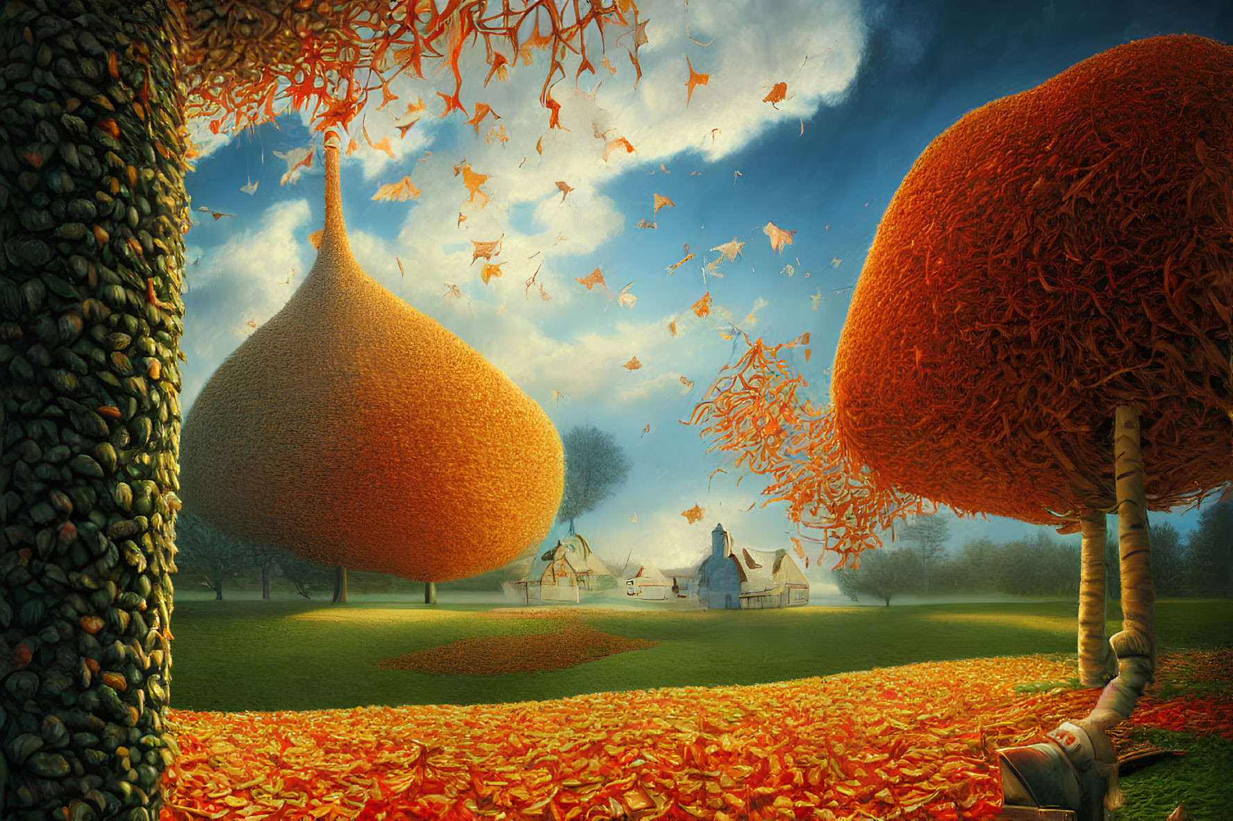 Bulbous orange tree canopies in whimsical landscape