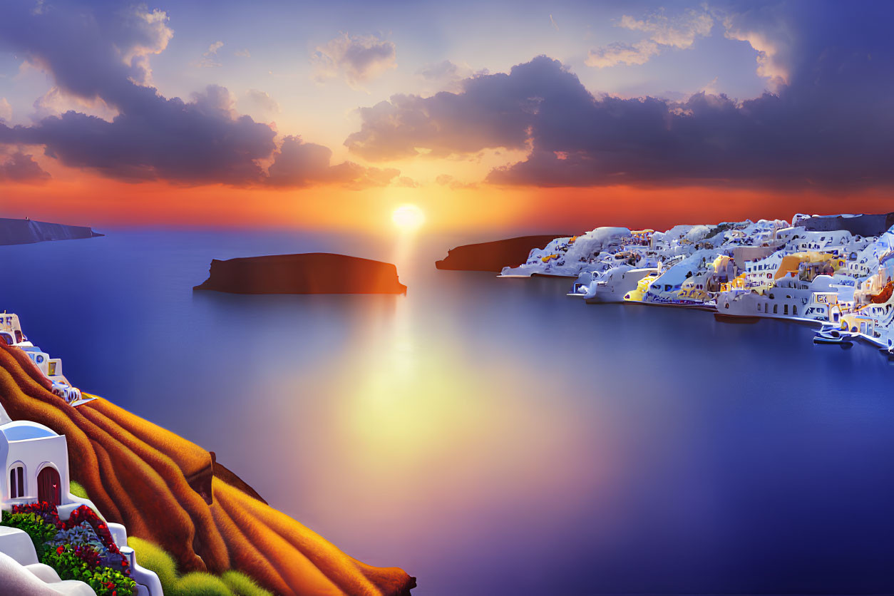 Scenic sunset over calm sea with volcanic island silhouette and Santorini's white buildings.