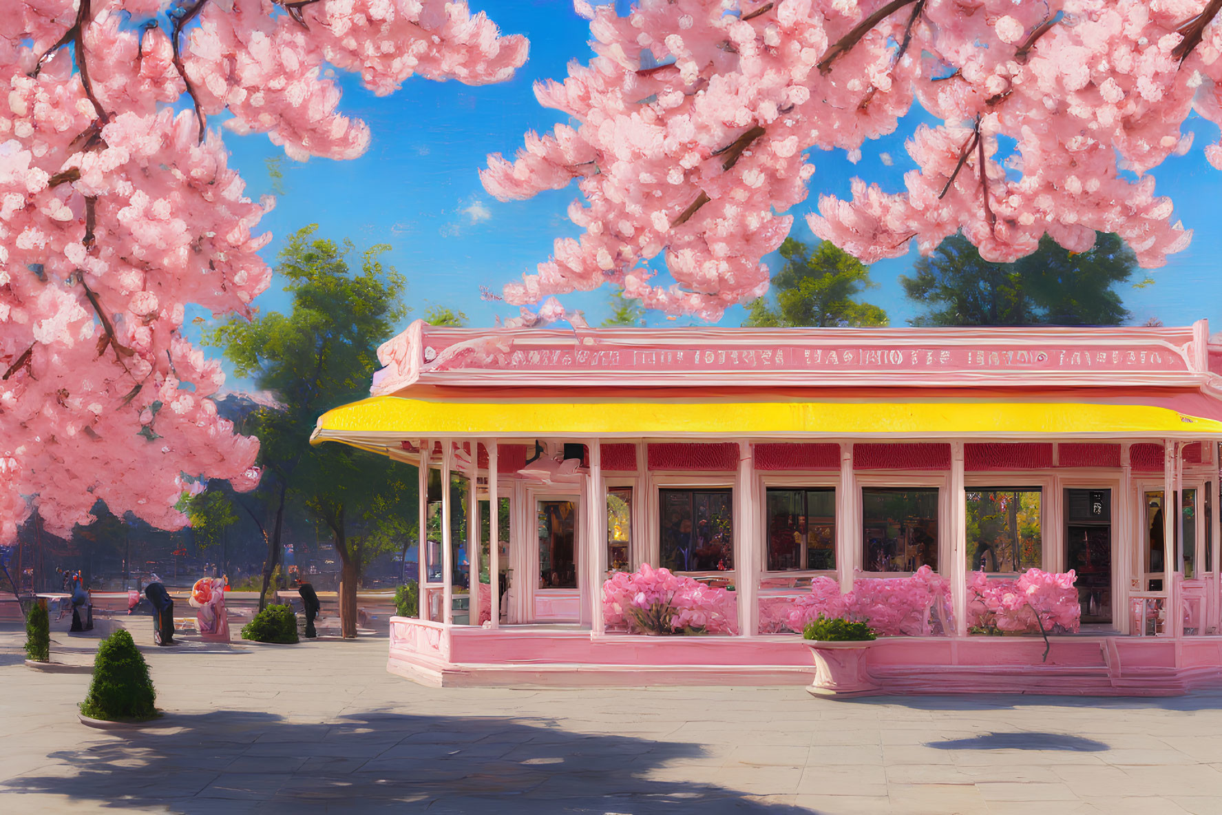 Pink diner with yellow awning and cherry blossom trees on a sunny day