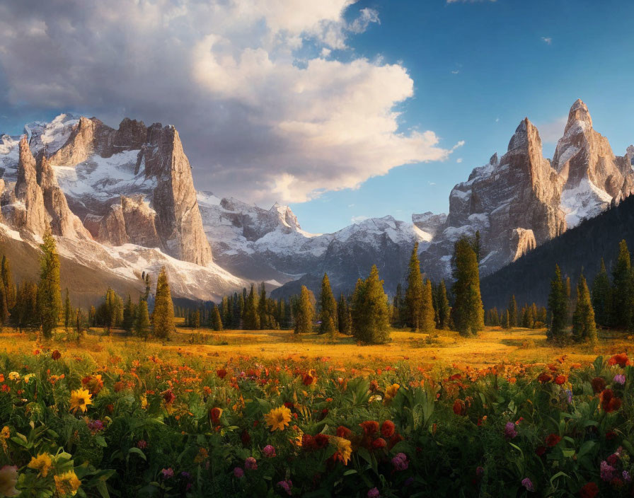 Scenic mountain landscape at sunset with golden light and flowering meadow.